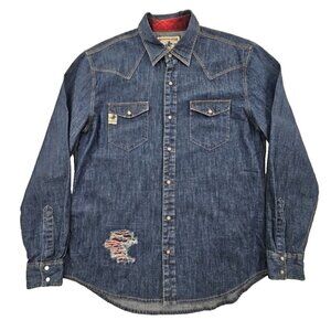Winchester Heavy Denim Shirt Men's L Dark Wash EUC Factory Distressed LS Cowboy